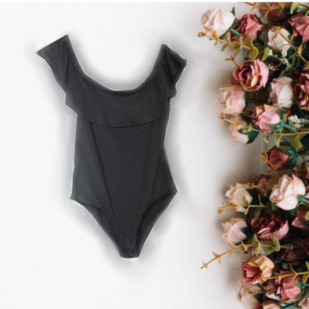 Black Ruffle Shoulder body Suit